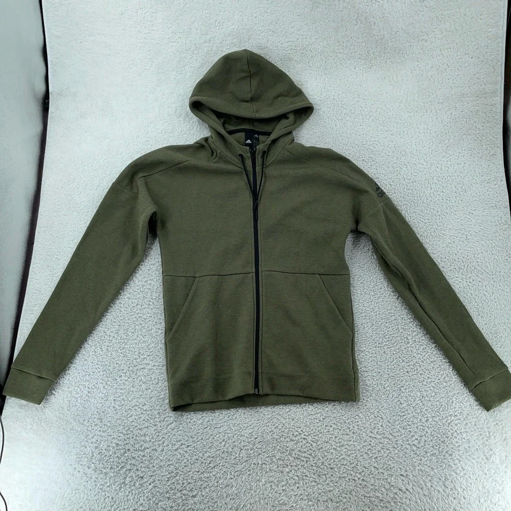 Adidas Hoodie Mens Small Olive Green Full Zip Sweatshirt Drawstring Logo‎ DU1537